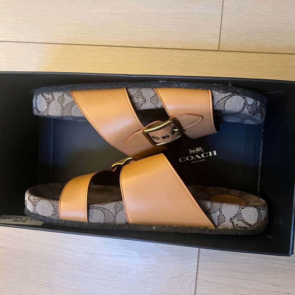 Coach Tan and Brown Buckle Sandals